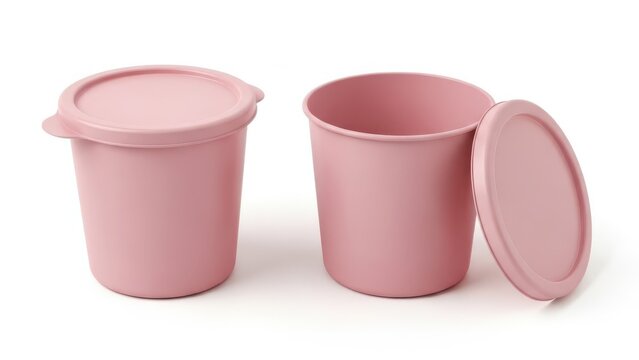 Pink storage container with lid open and closed