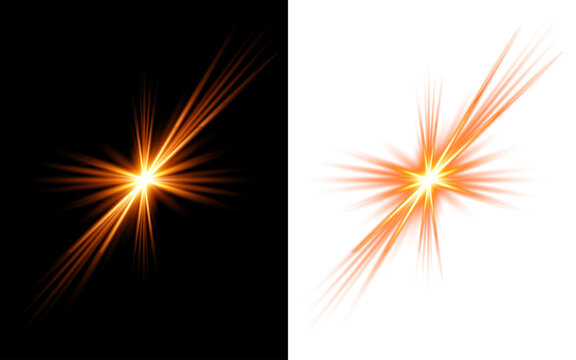 Abstract golden star burst light effect isolated on black and transparent backgrounds for creative graphic design projects