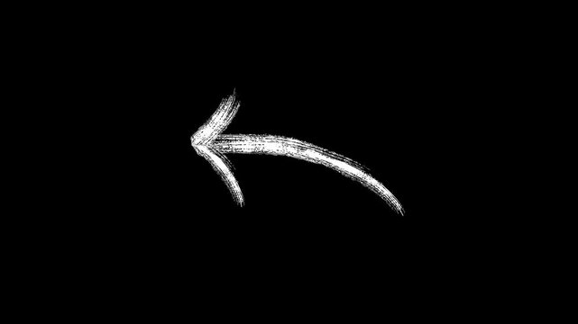 Hand drawn white brush stroke arrow pointing left on black background for animated graphic design.