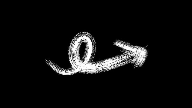 White chalk brush stroke arrow with curled tail animation on black background.