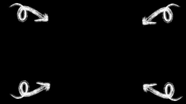 Four white chalk style arrows pointing towards center frame on black background motion footage.