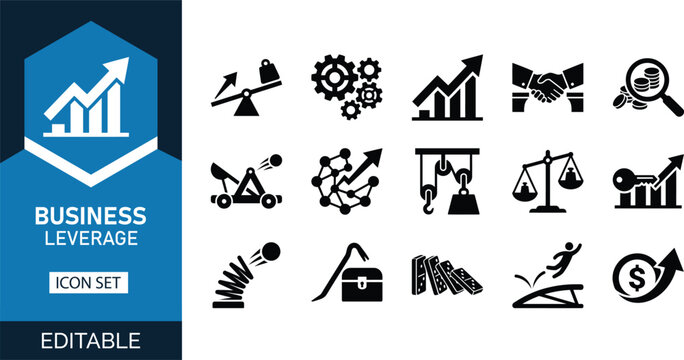 Business leverage and growth icon set, with vector symbols for business strategy, financial growth, investment, analytics, productivity, leadership.