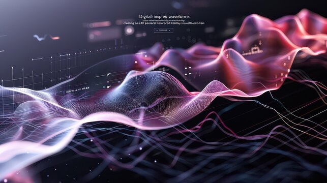 Digital waveform visualization displays abstract data frequency graphs on a dark futuristic interface.