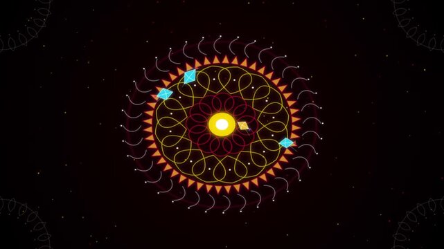Makar Sankranti Festival Glowing Rangoli Mandala and Flying Kites Loop 4K Motion Video