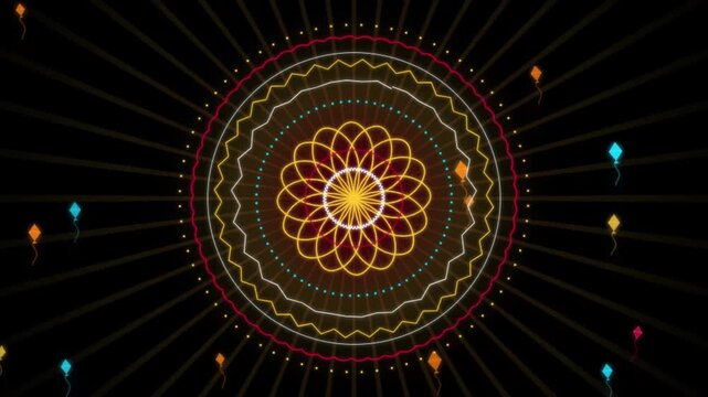 Makar Sankranti Kite Festival Glowing Line Art Mandala Background Loop 4K Motion Video