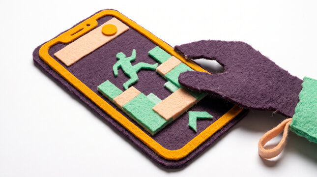 Mobile phone with felt game app and hand interacting with screen  