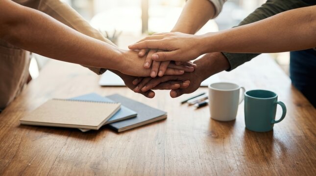 Team hands stacked in unity gesture at office table
