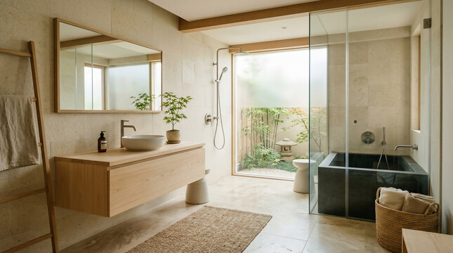 Modern minimalist bathroom interior with wooden floating vanity Japanese style stone soaking tub and garden view