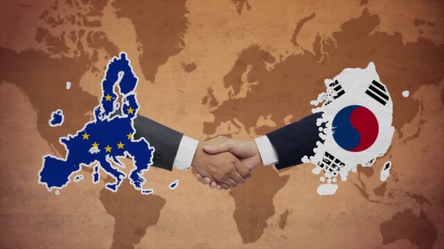 High Quality Animation Featuring Handshake of European Union and South Korea