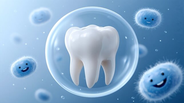 Healthy white tooth floating safely inside a protective clear bubble against small smiling microbes