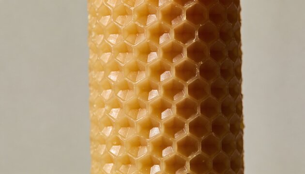 Close-up of a handmade rolled beeswax candle with a detailed honeycomb pattern. Natural wax product for candle making, sustainable living and home d&eacute;cor.