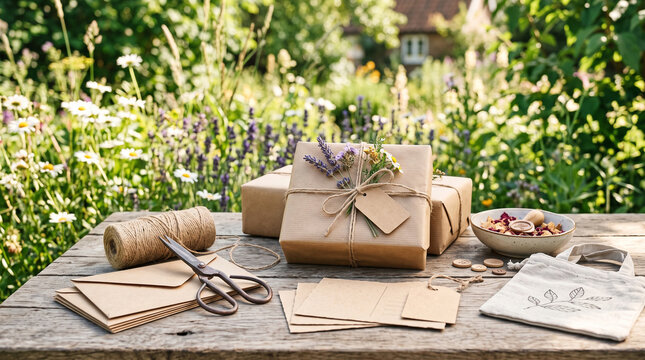 summer mailing scene with kraft envelopes and wrapped packages outdoors