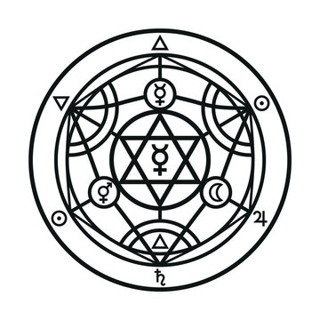 Alchemical magic circle with esoteric symbols and geometric star