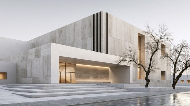 Minimalist modern building with marble walls and glass entrance doors on a quiet street at daytime