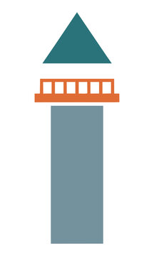 Minimalist icon of a tall observation tower with a triangular roof and lookout deck on a white background. Travel and architecture concept