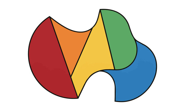 Abstract geometric form with distinct red, orange, yellow, green, and blue color sections, simplified design on a white background. Modern art concept
