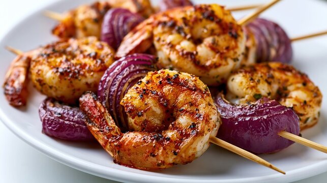 Grilled shrimp and red onion skewers seasoned with savory spices served fresh on a white plate