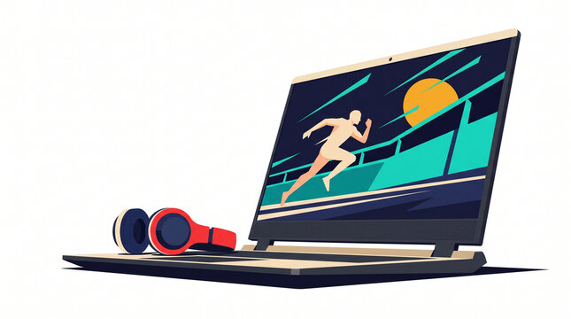 Gaming setup featuring laptop, headphones, and athlete on screen  