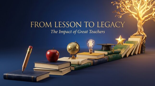 A conceptual illustration celebrating teachers day featuring a staircase of books leading to a glowing tree of knowledge