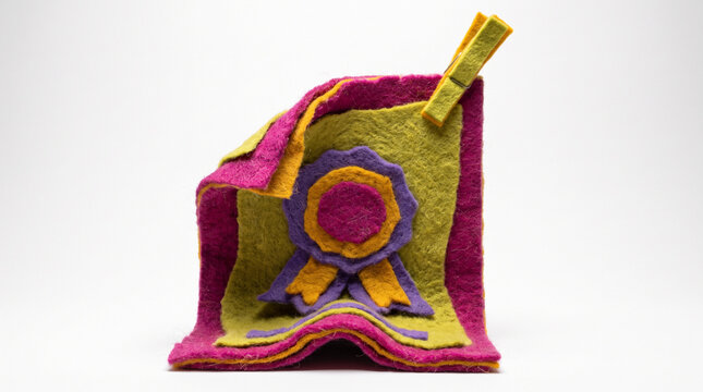 Felt ribbon award with purple and yellow rosette on a colorful backdrop  