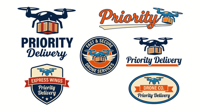 This image presents a dynamic collection of logos and branding elements for a drone delivery service, emphasizing efficiency, speed, and security in modern logistics concepts.