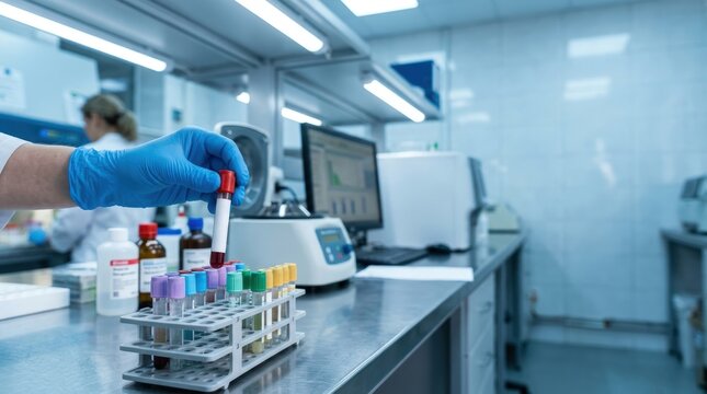 Laboratory technician handling blood sample in modern diagnostics lab
