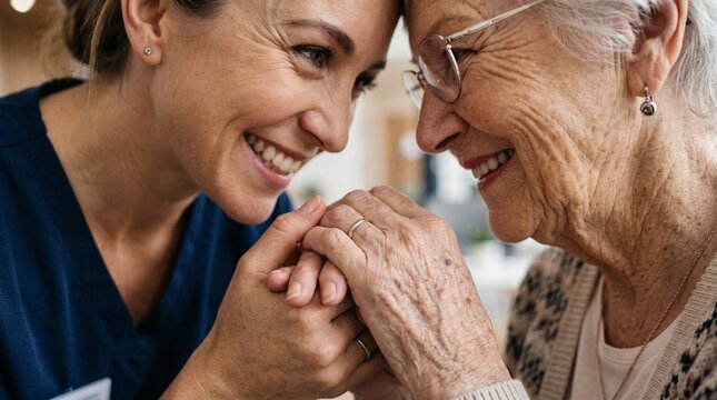 A compassionate caregiver gently holds the hands of an elderly woman, their faces close, sharing a tender moment of connection and warmth.