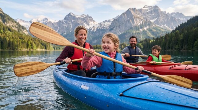 A happy family enjoys a scenic kayaking adventure on a pristine mountain lake, with parents and children paddling together under a clear sky, surrounded by breathtaking natural beauty.