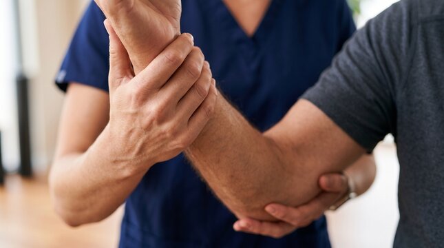 A medical professional gently examines a patient's elbow, providing focused care and attention in a close-up shot that highlights the human touch in healthcare.
