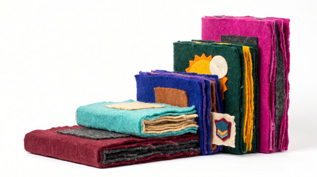 Colorful handmade felt books stacked in various sizes and designs  