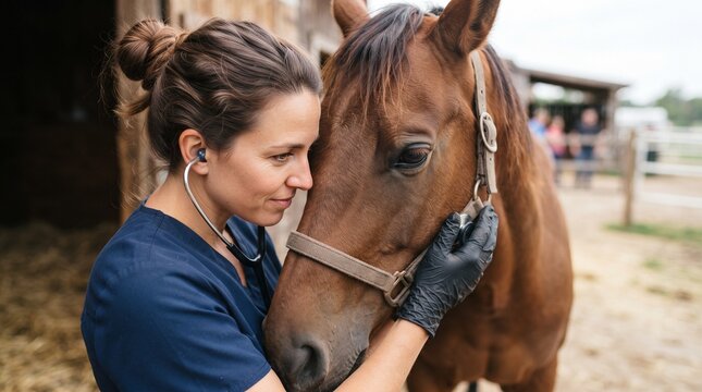 A compassionate veterinarian wearing blue scrubs and black gloves gently examines a brown horse, her face showing a tender connection with the animal.