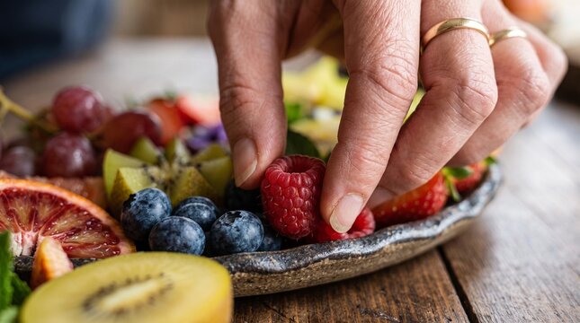 A hand with a gold ring delicately picks a ripe raspberry from a vibrant platter overflowing with fresh, colorful fruits.