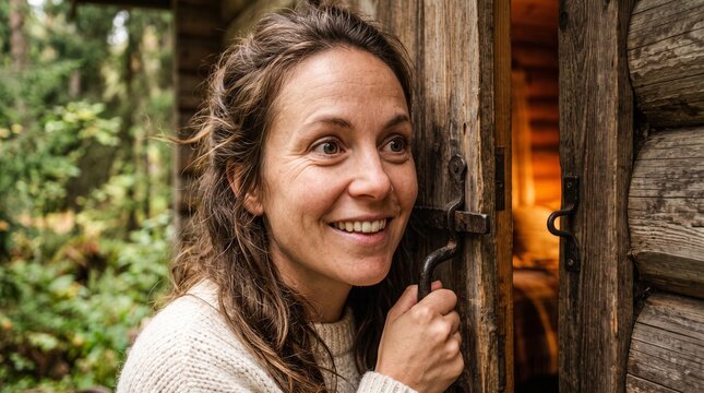 A woman with a warm smile opens the door of a rustic wooden cabin, surrounded by the tranquil beauty of nature.