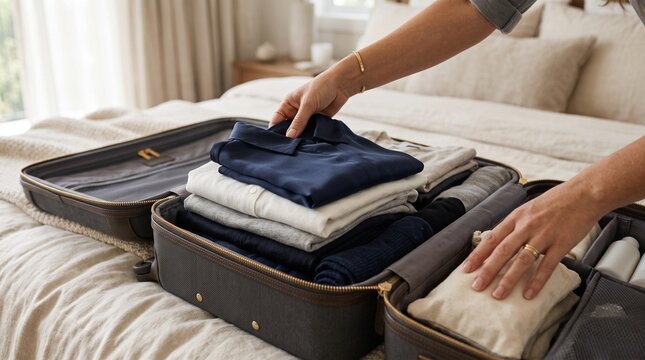 A woman neatly folds clothing into a suitcase, preparing for a journey, highlighting organization and the anticipation of travel.