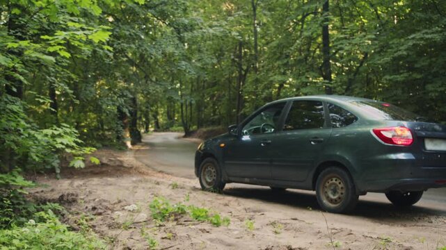 Stolen vehicle reaches roadside shoulder before wounded thief steps out in pain. Criminal abandons car and escapes into forest to avoid police.