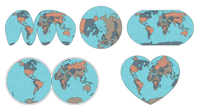 Set of different map projections including heart shape, circular, and oval shapes with blue oceans and colored continents
