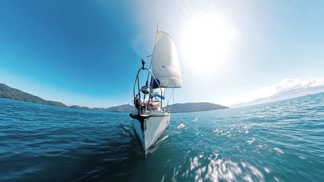 Small sailing boat sails in the sea in Brazil