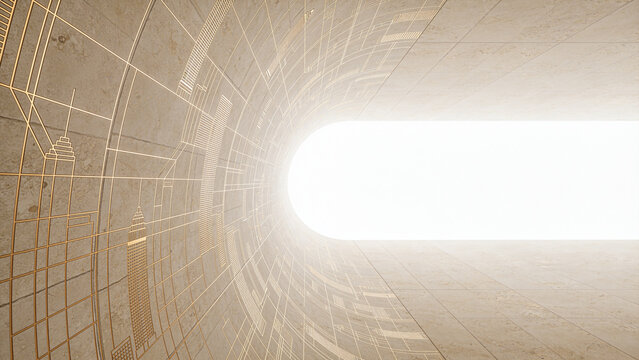 Abstract architectural tunnel background with warm beige stone texture and golden glowing wireframe lines