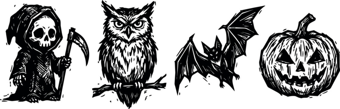 Creepy cute halloween characters with grim reaper owl bats and jack o lantern black and white line art