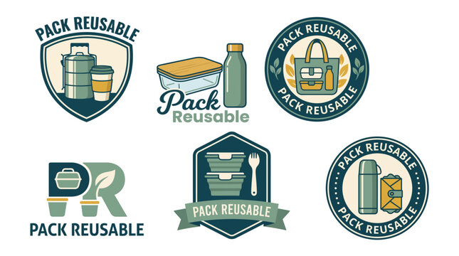 A collection of logos promoting reusable products and sustainability, featuring various container designs and eco-friendly themes to inspire a greener lifestyle.