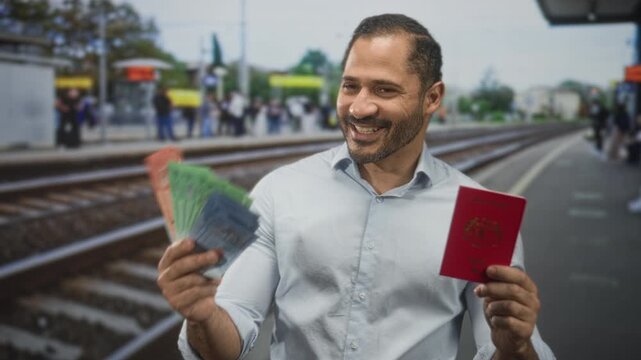 Man holding passport and fanning colorful banknotes on a train platform inside a building; money freedom joy.