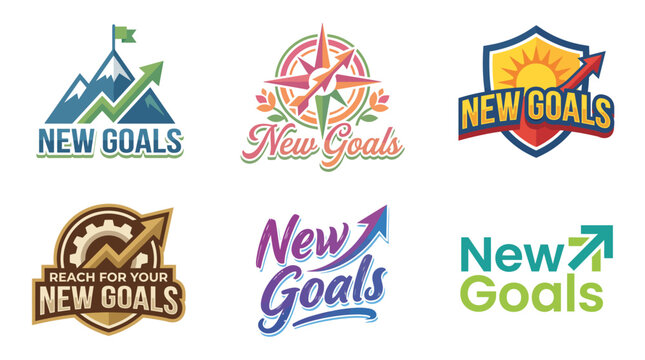 A collection of dynamic logos promoting 'New Goals', encapsulating ambition, motivation, and success, suited for personal development and achievement-focused themes.