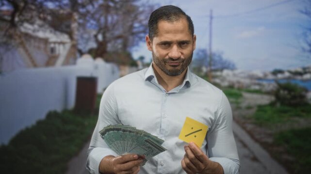 Man holding a fan of malaysian ringgit banknotes and a yellow percent card in his hands on a street, showing money and discount gesture; doubt savings negotiation.