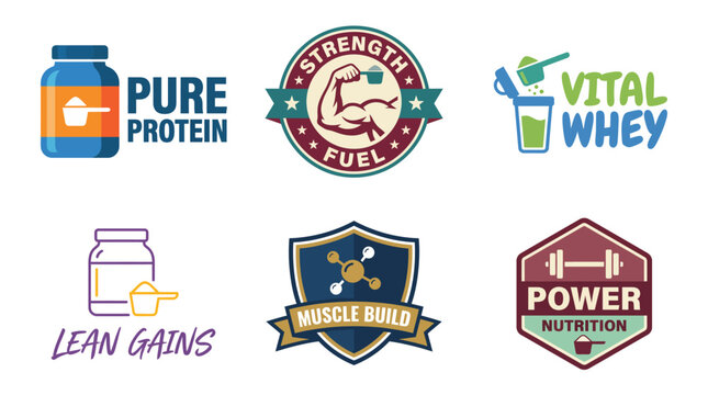 A compelling assortment of logos centered on protein supplements, showcasing health-focused branding and engaging visuals to attract fitness enthusiasts and health-conscious individuals.