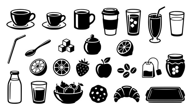 Food and beverage icon set, coffee cups drinks fruit sugar and caf&eacute; vector collection