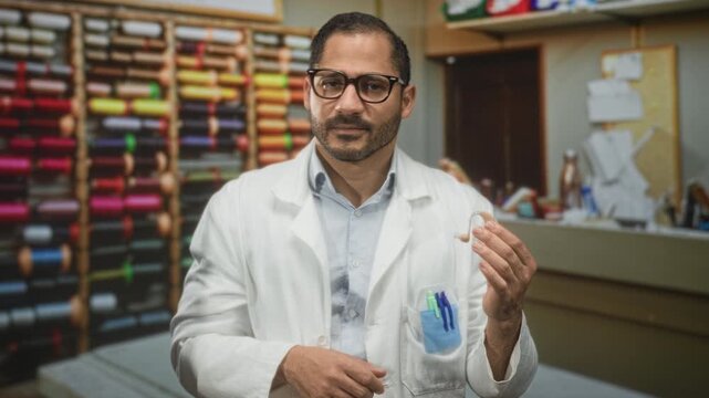 Man doctor holding a hearing aid with hand at face, white coat and pens visible in a building; medical concern.