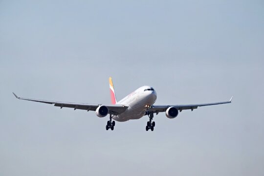 MADRID, SPAIN - MAY 29, 2026: Airbus A330 of Iberia, the Spanish flag carrier, seen head on during approach with the landing gear down and the landing lights on against a pale sky