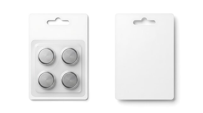 Blank blister pack with four button cell batteries isolated on white background
