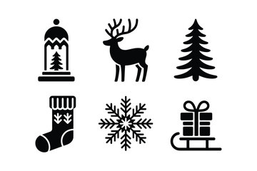 Fototapeta premium Christmas reindeer and pine tree vector icons with snowflake