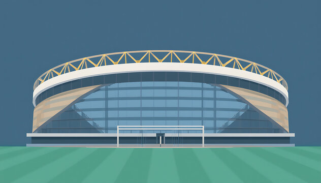 Premium flat vector illustration of a modern football stadium with minimal geometric architecture viewed from the front